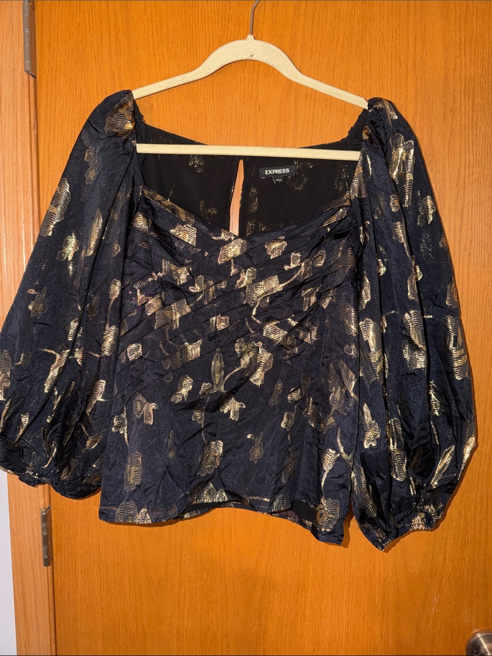 Express Blouse with Gold Metallic Pattern and Puff Sleeves